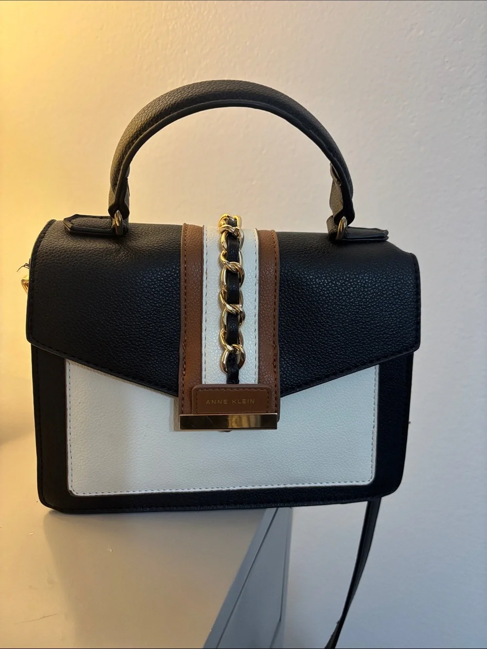 Anne Klein Black White and Brown Chain-Accent Satchel